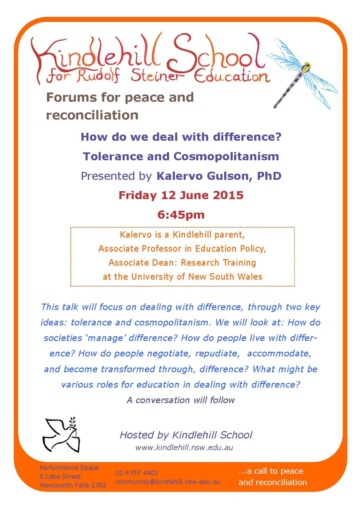 Kindlehill peace and reconciliation forum invitation discussing how education fosters tolerance, compassion, and global social responsibility.