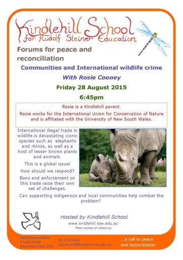 Flyer showing rhinoceroses, promoting a Kindlehill community talk on wildlife crime, global conservation, and indigenous-led ecological justice.