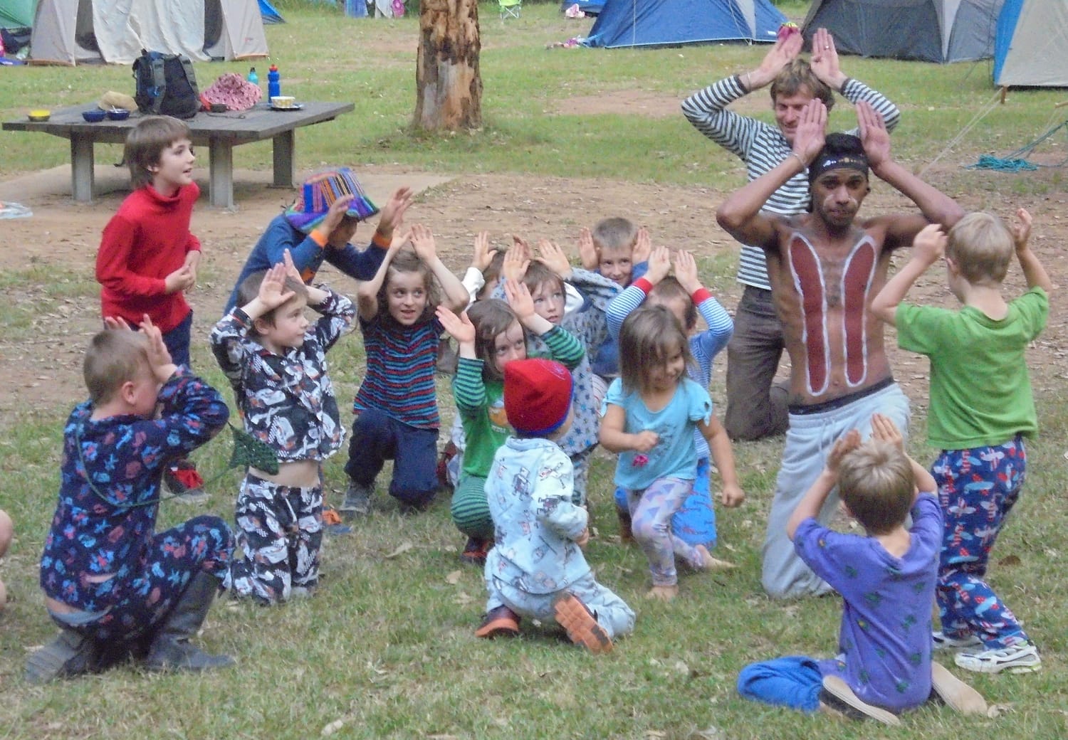 Kindlehill students connect with Country and Aboriginal culture through traditional dance during a community camp at Euroka Clearing.