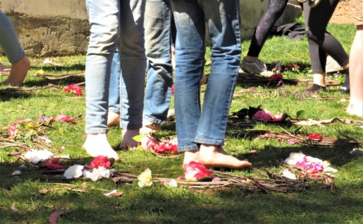 Barefoot students walk mindfully through a spring floral labyrinth, honouring their connection to the land and Mother Earth.