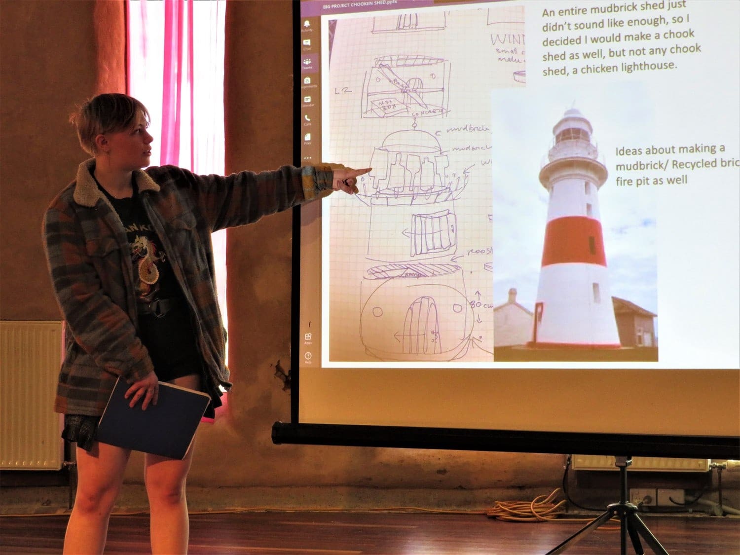 Kindlehill student shares their sustainable major project, presenting a creative, earth-centred vision for a lighthouse-inspired mudbrick chook shed.