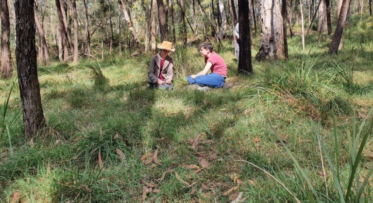 Students sit quietly on Country, connecting with the ancient stories and rhythm of the wild Yarramundi bushland.