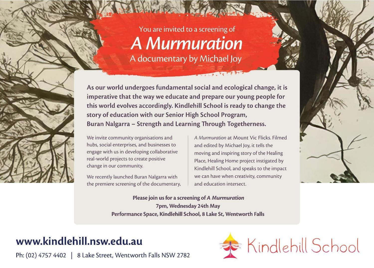 Invitation to A Murmuration screening, highlighting community strength and innovative education amidst the Blue Mountains landscape.