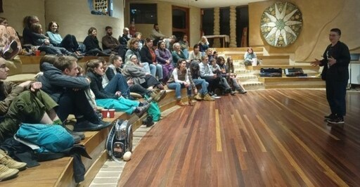 Empowered alumnus Rory delivers a powerful speech on change making to the captivated Kindlehill Steiner School village.