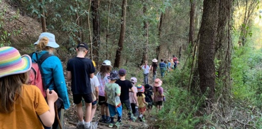 Kindlehill children journey through Blue Mountains bushland, fostering resilience and deep connection to nature, Country, and each other.