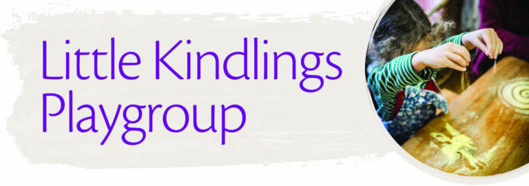 Little Kindlings Playgroup banner. A child sprinkles sand, honouring tactile learning and the rhythmic spirit of wonder.