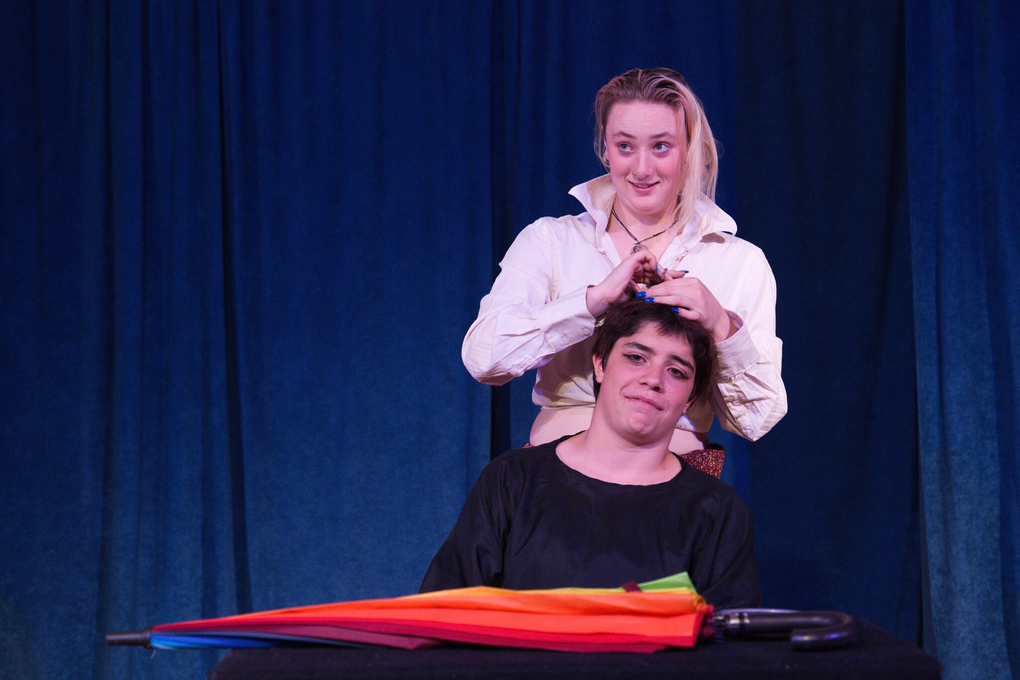Kindlehill students cultivate imagination and courage through humorous theatrical performance, expressing artistic vision with heart and community spirit.