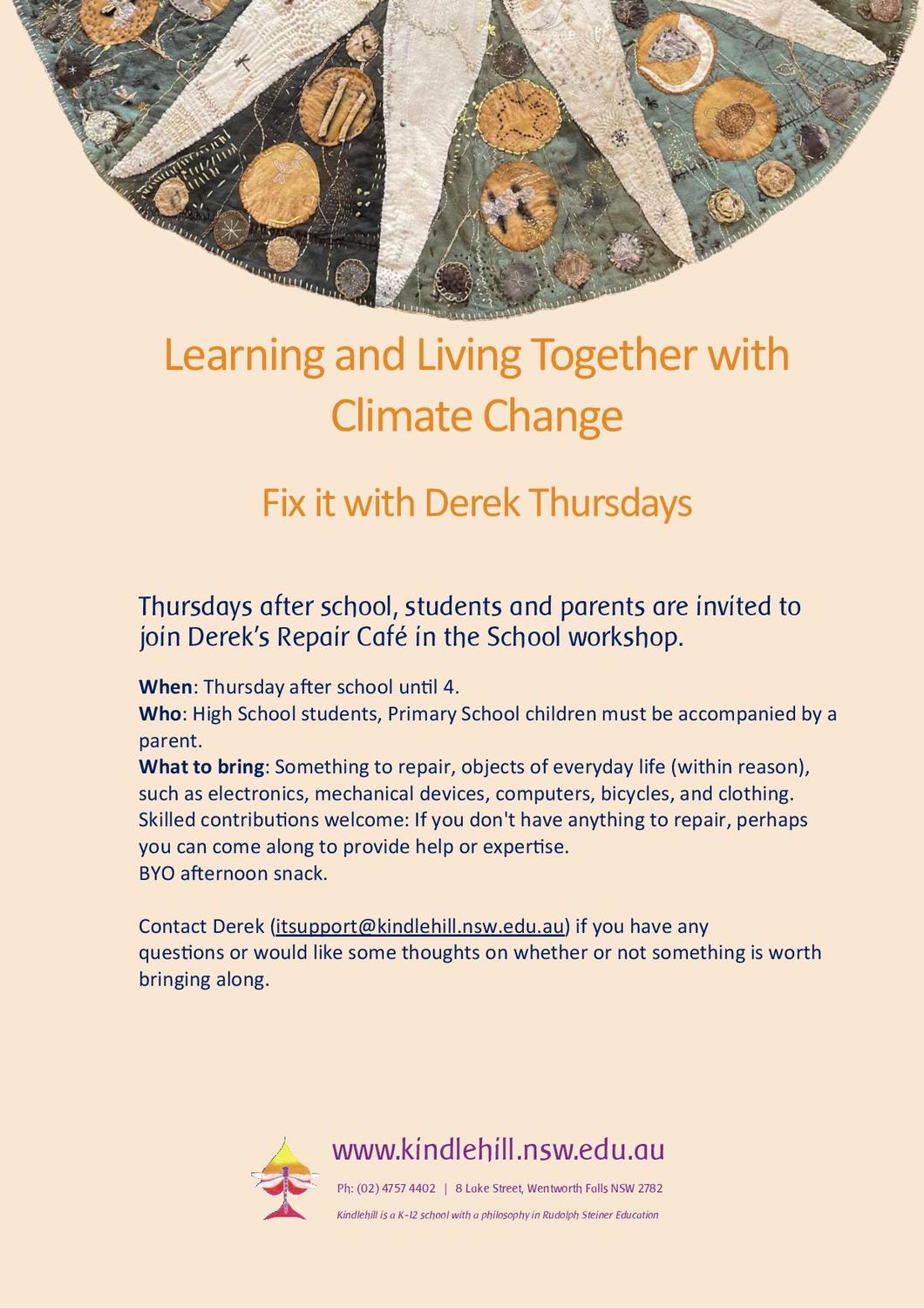 Intricate textile art symbolises community cooperation and sustainable living through intergenerational repairing of everyday items in the workshop.