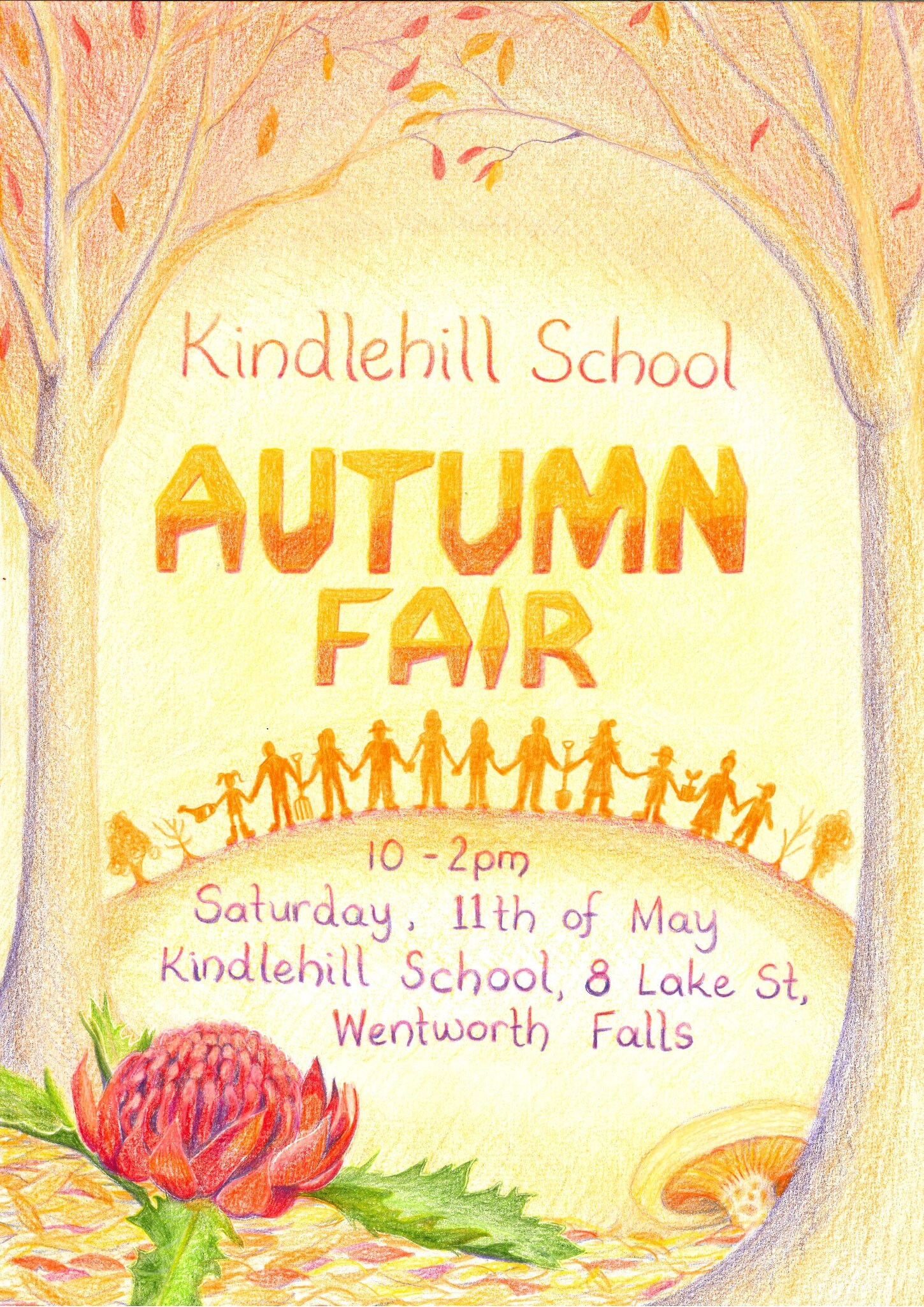 Connected families celebrate the Kindlehill Autumn Fair amidst autumnal trees and native flora, honouring community and seasonal rhythms.