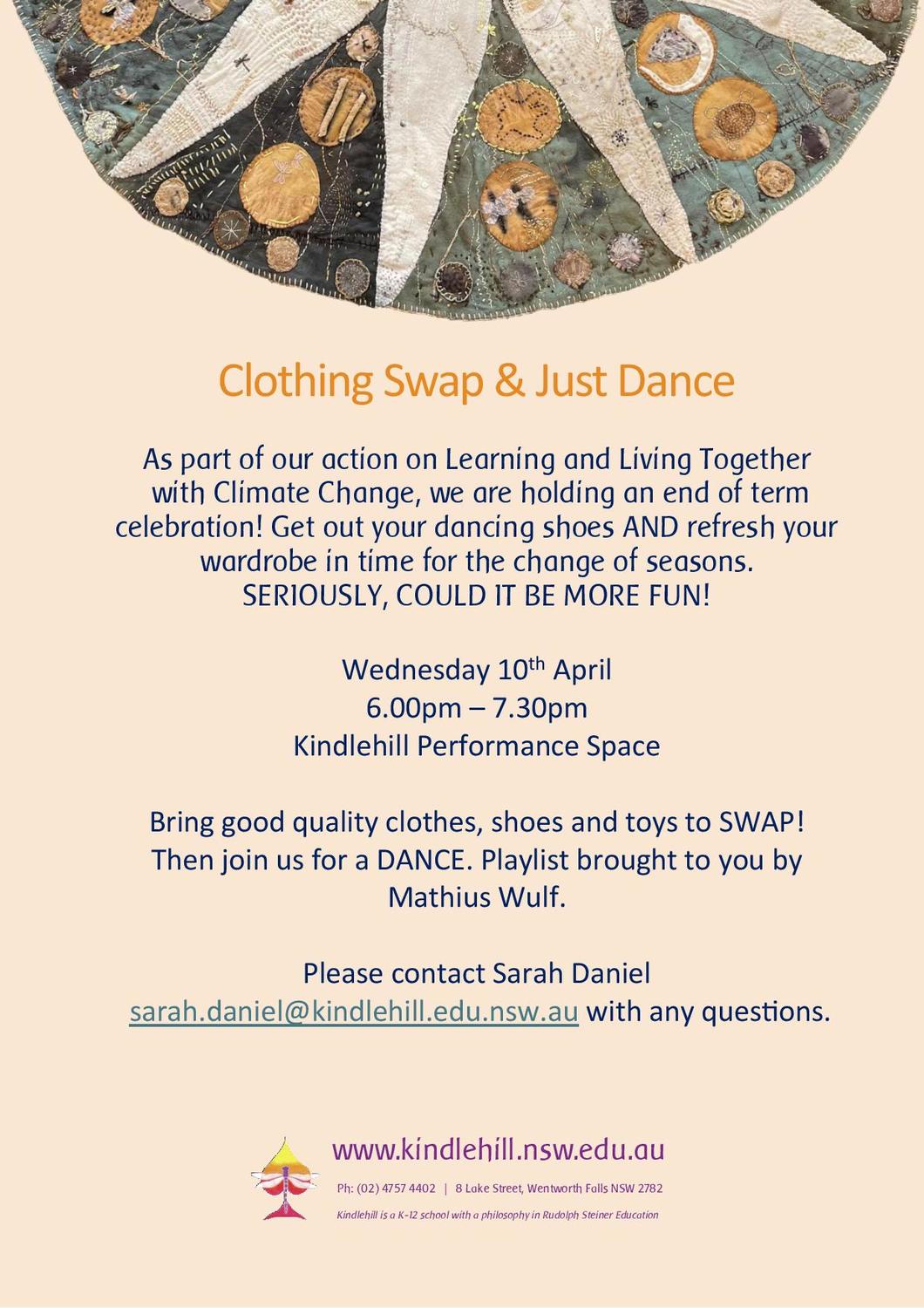 Hand-stitched textile art invites the Kindlehill community to a sustainable seasonal clothing swap and celebration of dance.