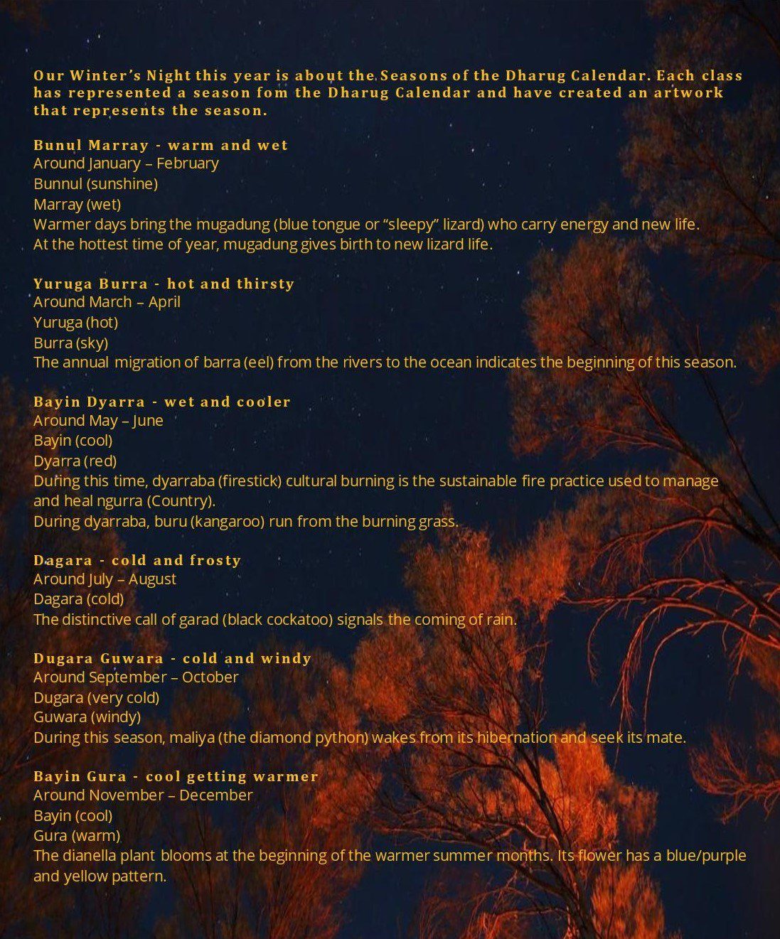 Descriptions of Six Dharug Seasons against silhouetted bushland, honouring Aboriginal land connection through the rhythm of the year.