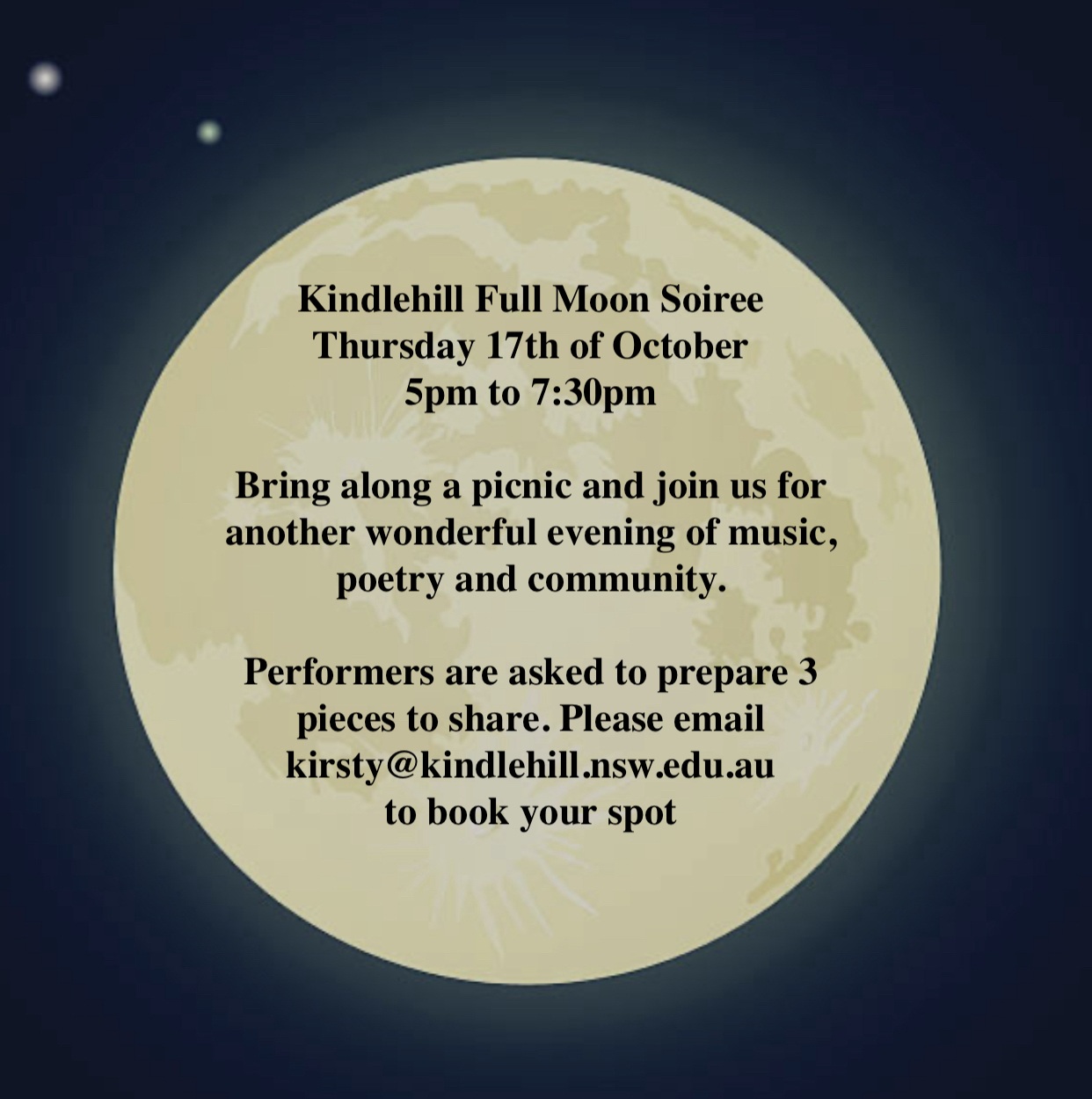 Kindlehill community celebrates creative spirit and seasonal rhythm under a luminous full moon and open, starry night sky.