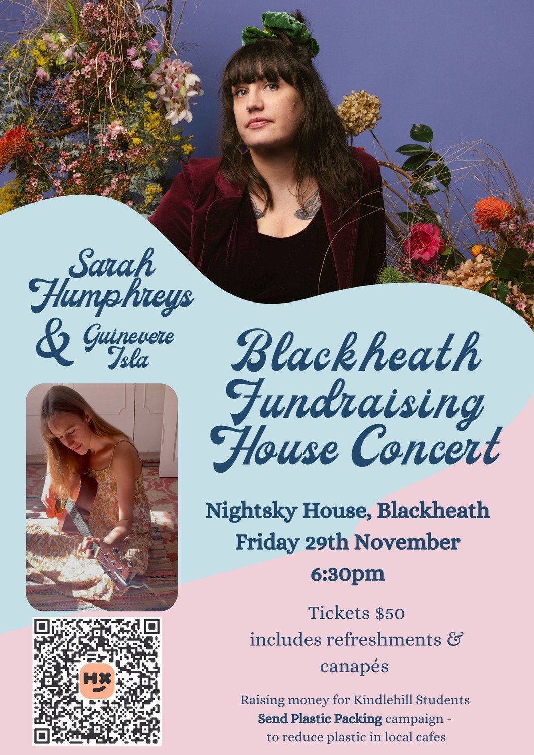 Musicians Sarah Humphreys and Guinevere Isla lead a community fundraiser supporting Kindlehill students plastic-free environmental mission.
