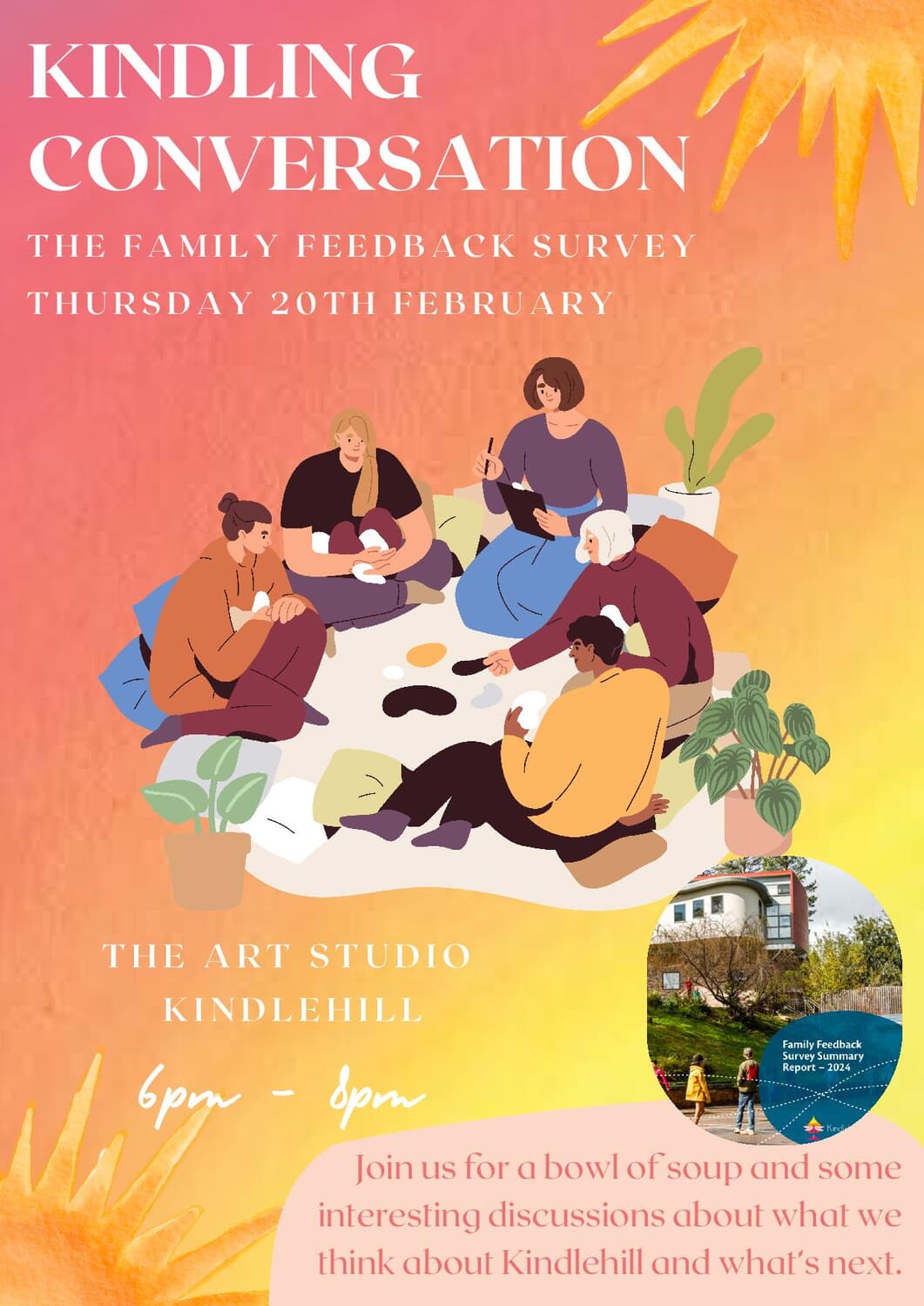 Diverse families gather in a warm circle, sharing feedback and conversation to foster a connected and collaborative community.