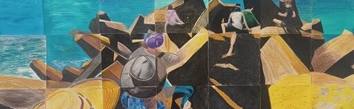 Students explore the rocky breakwater on Yuin Country, weaving individual pencil drawings into a collaborative story of connection.