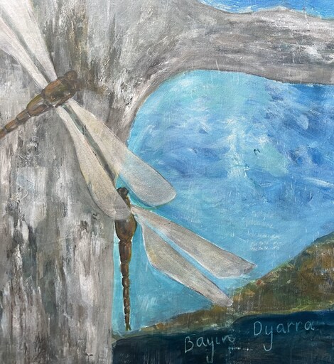 Two dragonflies rest on a gum tree beside the lake, reflecting a deep artistic connection to Blue Mountains Country.