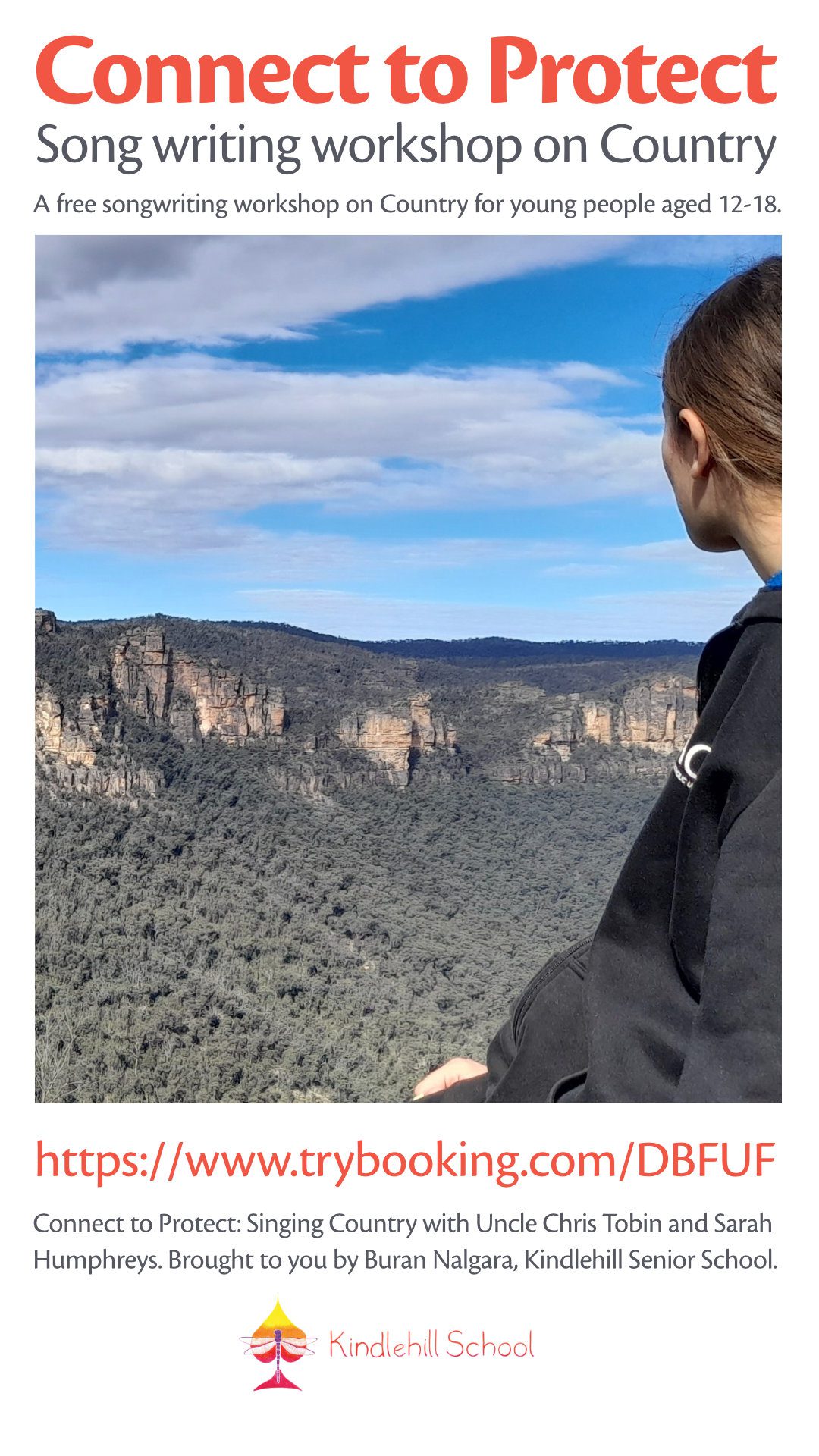 A young person gazes over the Blue Mountains, finding deep connection with Country through creative songwriting and storytelling.