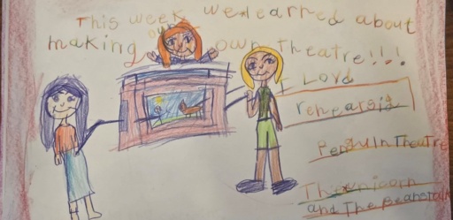 Children celebrate imagination and community spirit by rehearsing stories in handmade theatres during a colourful collaborative school festival.