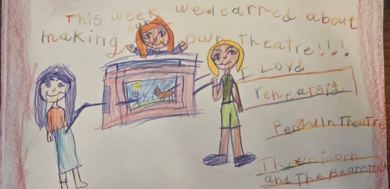 Children celebrate imagination and community spirit by rehearsing stories in handmade theatres during a colourful collaborative school festival.