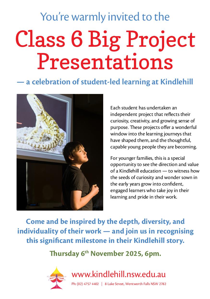 A student shares his Class 6 presentation, illustrating Kindlehills values of student-led curiosity and empowerment within the community.