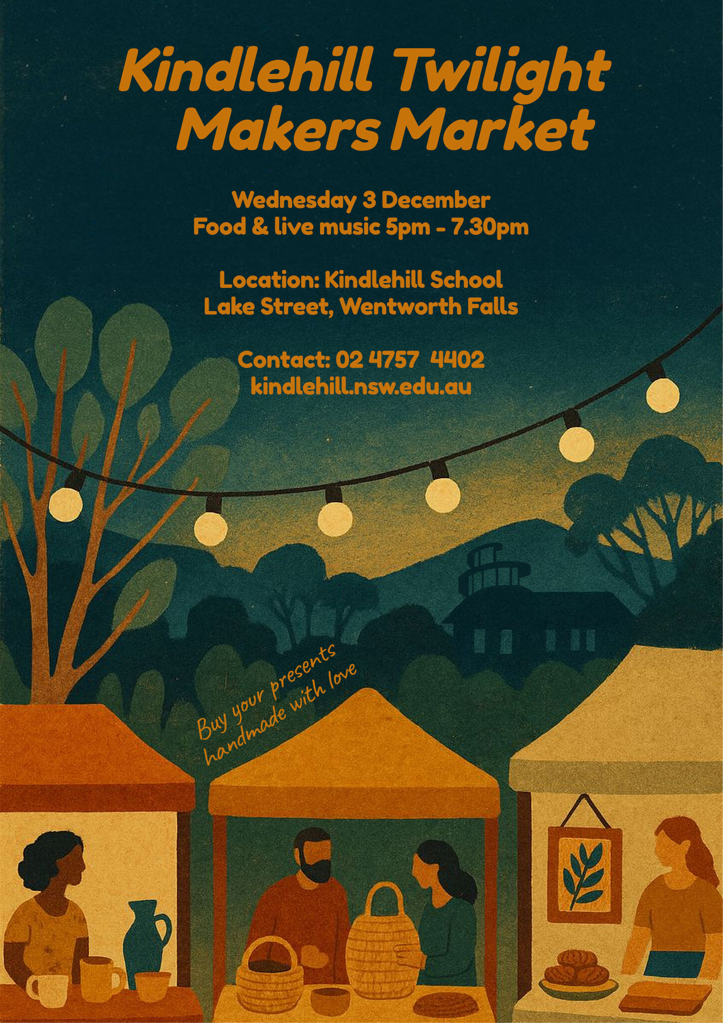 Artisans and families share handcrafted treasures under warm festoon lights at a twilight community market in the mountains.