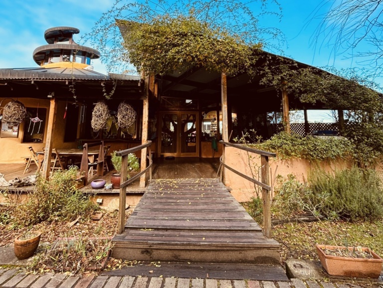 A timber bridge invites the community into an earthy, nature-centred sanctuary nestled within the Blue Mountains bushland.