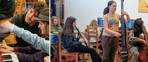 High school students collaboratively rehearse music on piano, strings, and woodwind, fostering creative connection and shared community purpose.