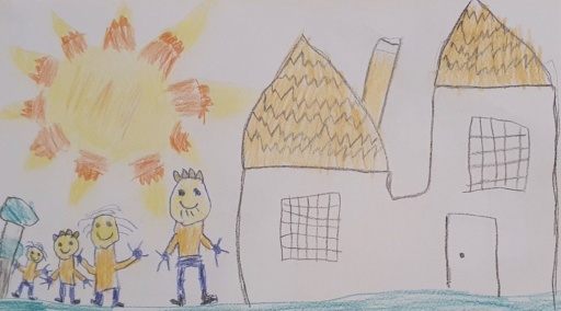 Smiling children stand beside a welcoming Kindy house beneath a radiant sun, embarking on a journey of belonging.