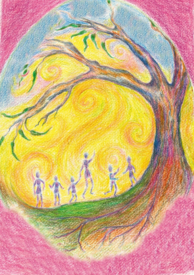 Community families connect beneath a majestic golden tree, reflecting shared purpose, creativity, and the warmth of the village.