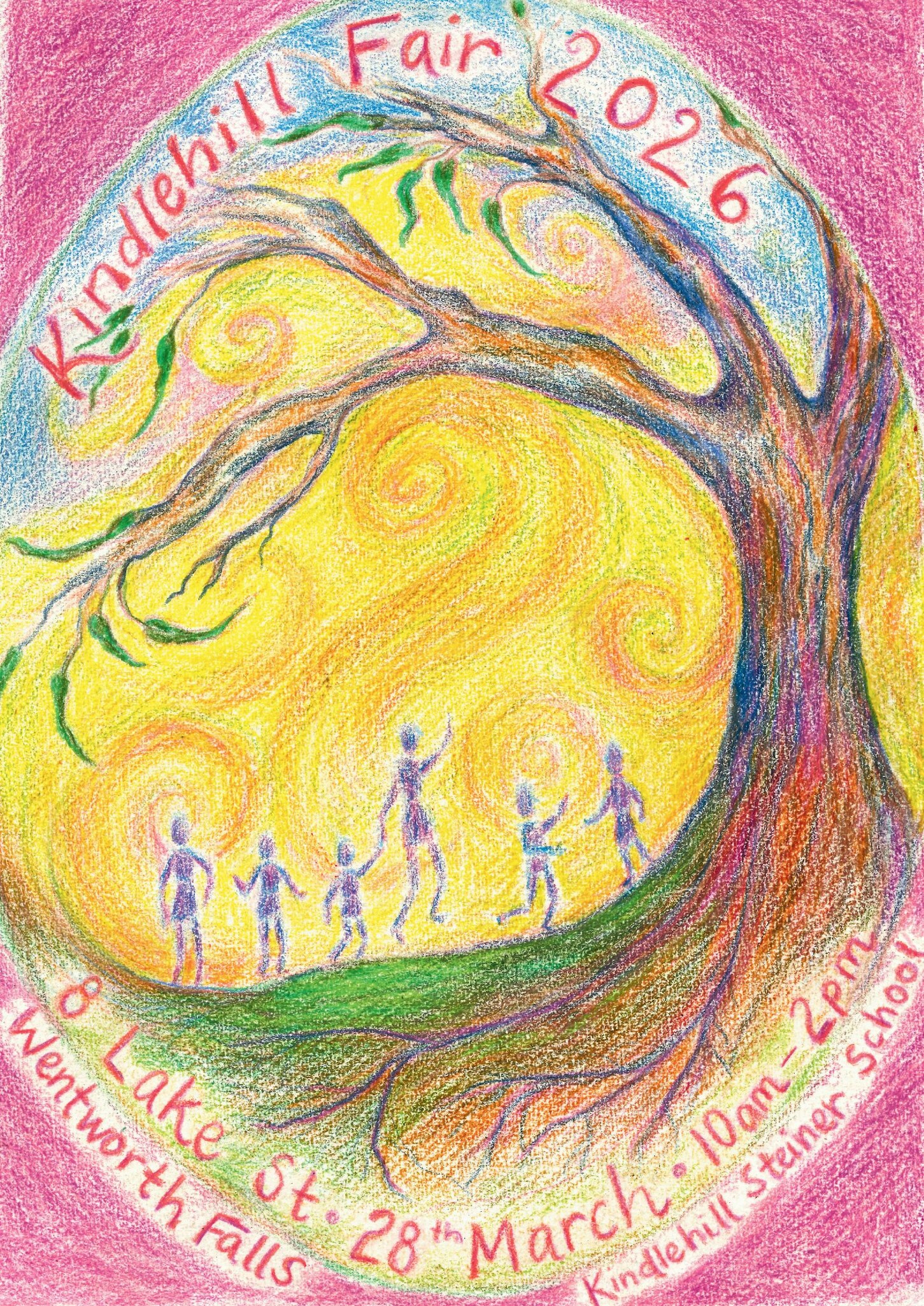 Families walk together across ancient tree roots under a swirling golden sky, honouring the rhythms of Country and community.