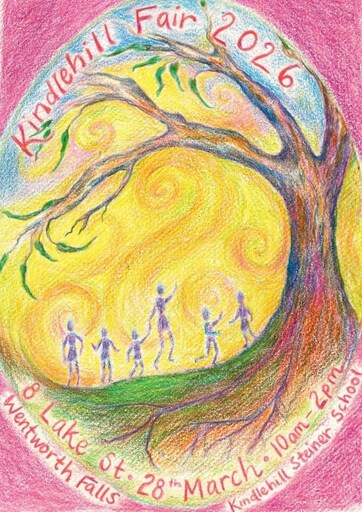 Figures connect beneath a majestic, rooted tree and glowing golden sky, honouring community and connection to the land.