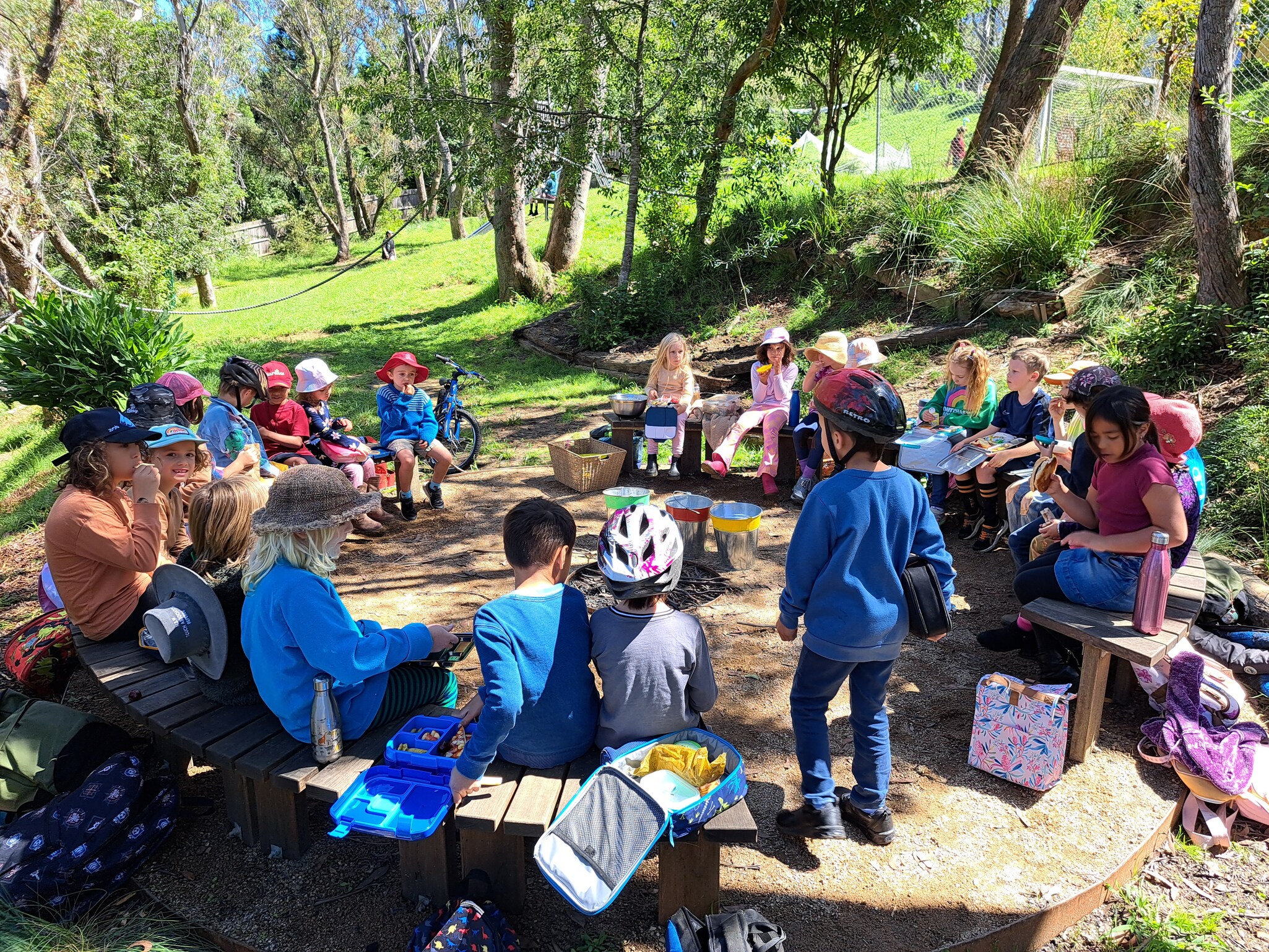 Students gather in a bushland circle, building community and connecting with the natural rhythm of the Blue Mountains.