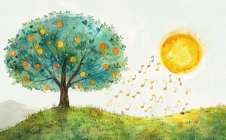 Musical notes drift from a fruiting tree towards the sun, honouring the communal breath and natures harmony.