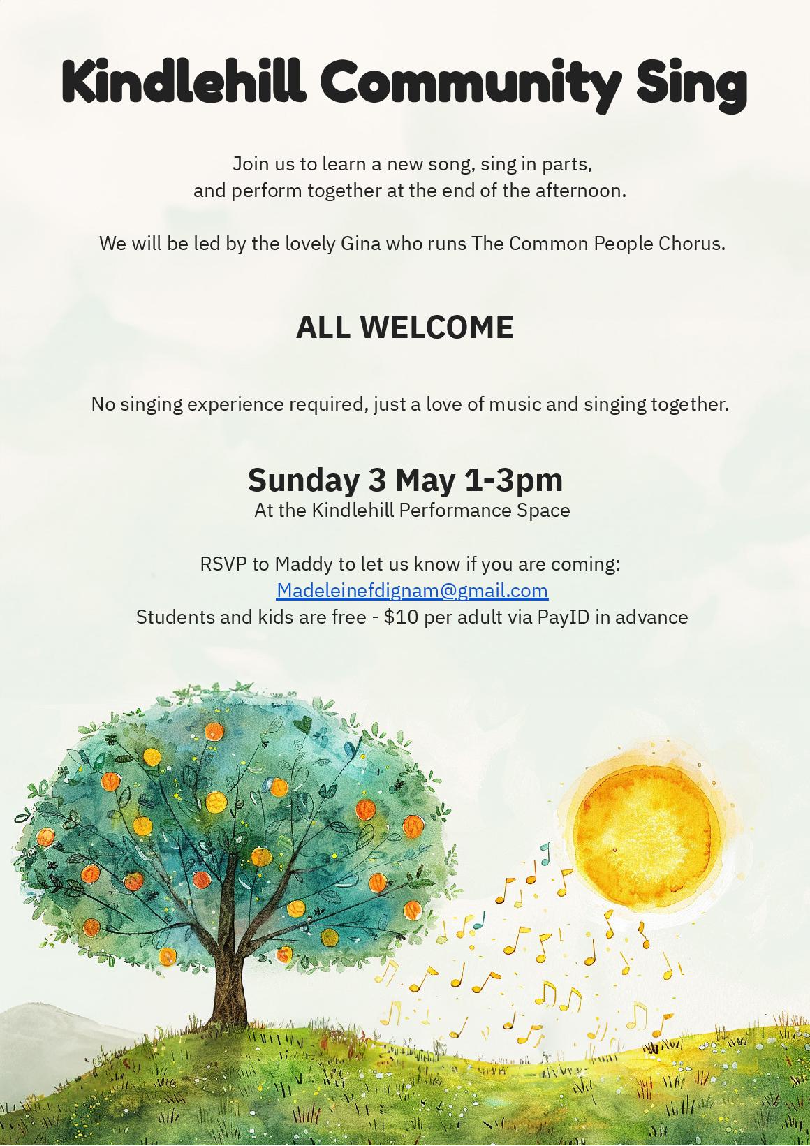 Music flows from a fruiting tree towards the sun, symbolising the harmonious spirit and connection of Kindlehill families.