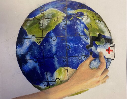 A hand fits a wellbeing jigsaw piece into the globe, manifesting a students vision for a compassionate world.