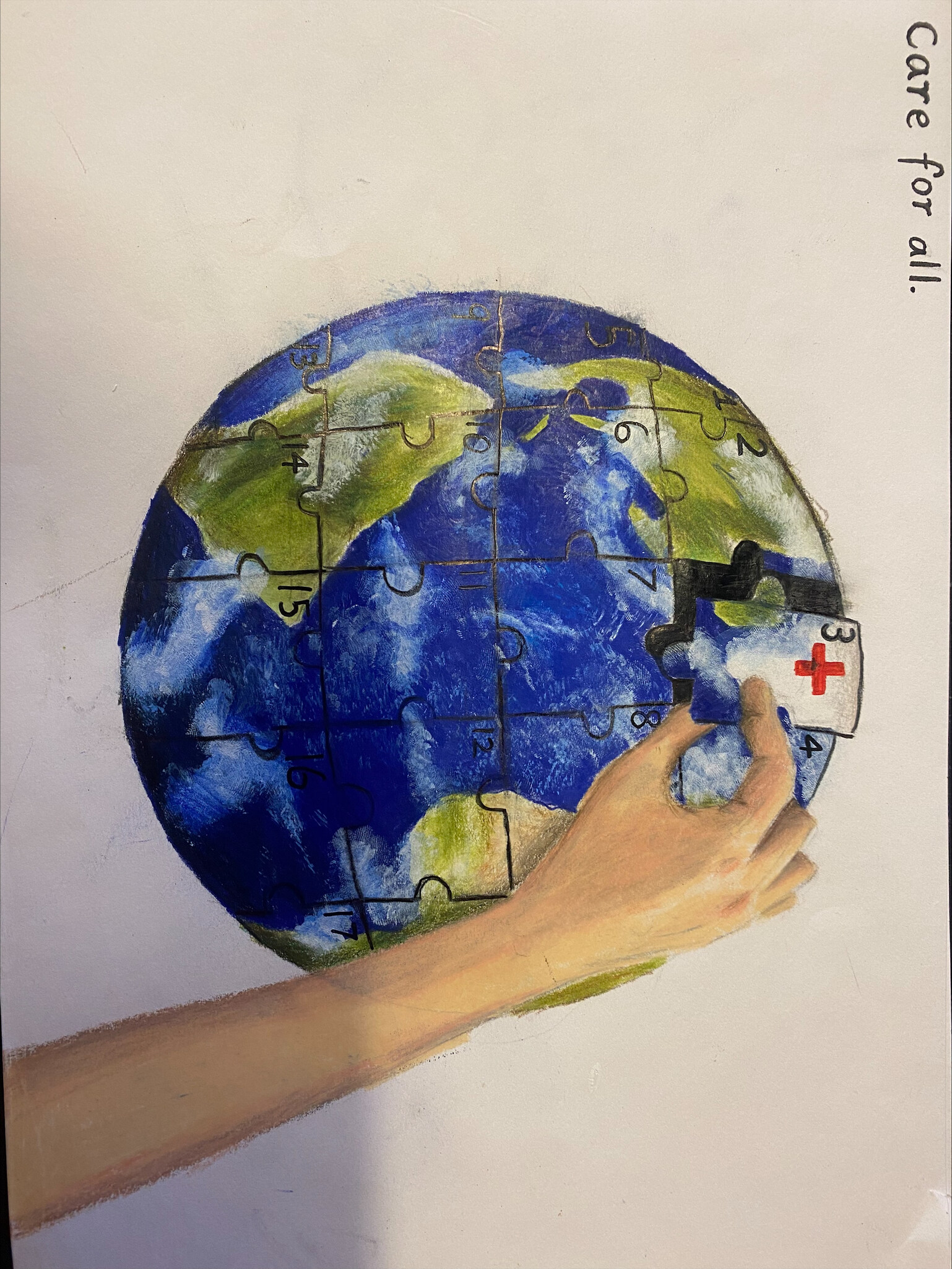 A hand completes a world puzzle with a healing piece, symbolising compassionate action and care for the Earth.