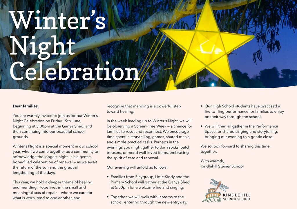A radiant star lantern illuminates eucalypt branches, symbolising community warmth, renewal, and the return of light during Winters Night.