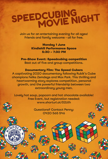 Kindlehill community poster inviting families to share friendship and wonder at a speedcubing film and village gathering.