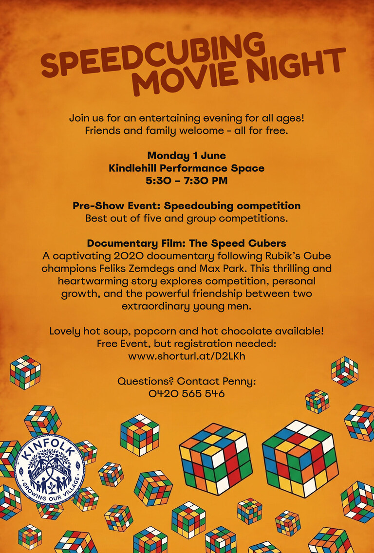 Kindlehill community poster inviting families to share friendship and wonder at a speedcubing film and village gathering.